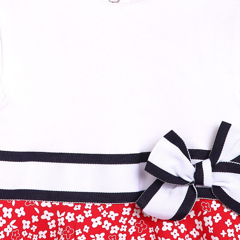 Girls White and Red Printed Short Sleeve Dress image number 2